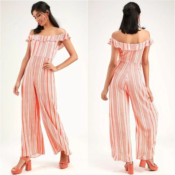 Lulus Pants - Lulus Jumpsuit Cora Lee Orange White Stripe Off The Shoulder Wide Leg